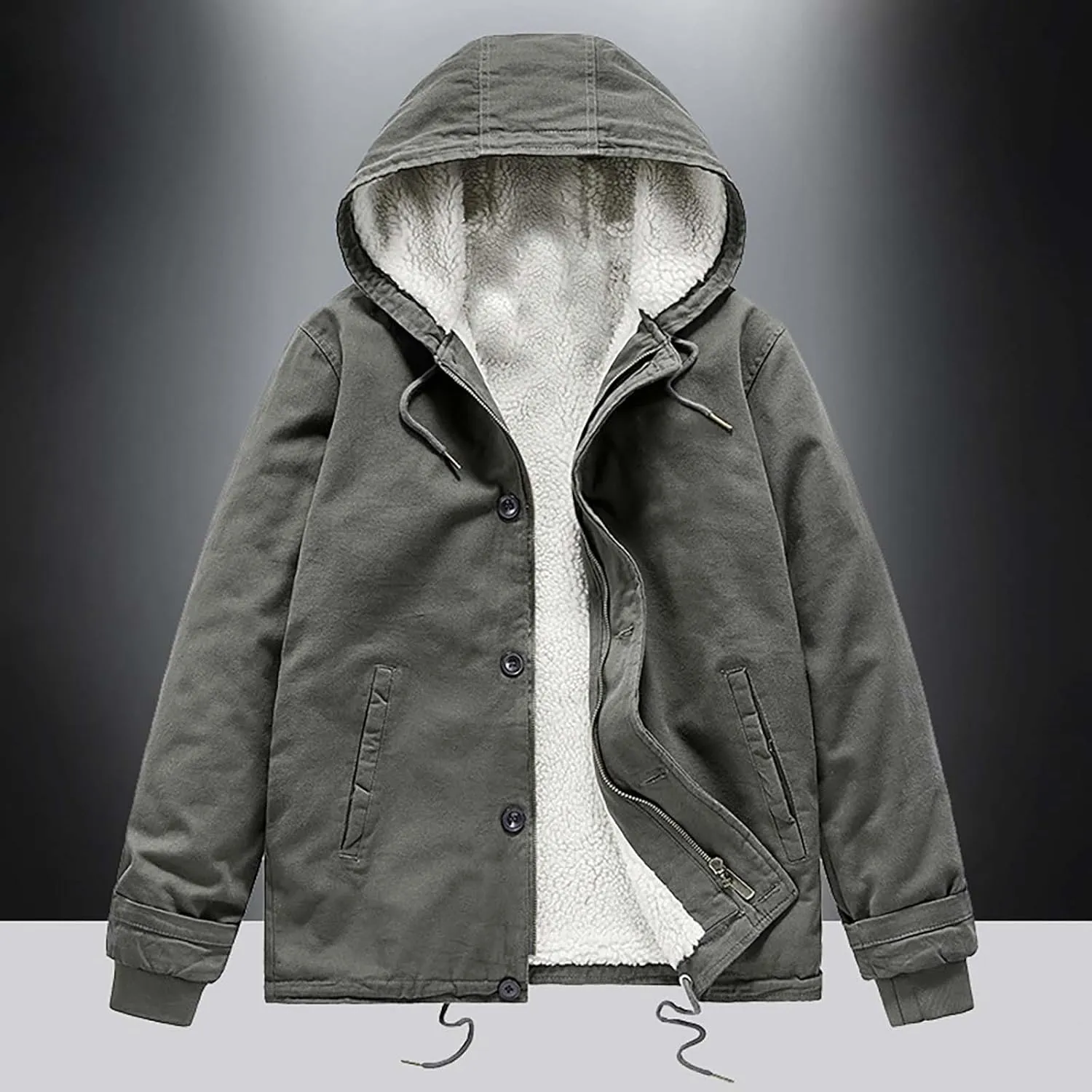 Mens Fleece Winter Coats Lambswool Warm Thick Hooded Parka Coats Pockets Drawstring Outdoor Padded Wark Cargo Jackets