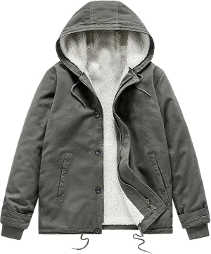 Mens Fleece Winter Coats Lambswool Warm Thick Hooded Parka Coats Pockets Drawstring Outdoor Padded Wark Cargo Jackets
