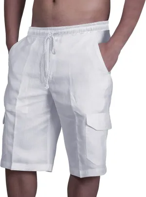 Men's Linen Shorts Casual Cotton Elastic Waist Drawstring Summer Beach Vacation Shorts with Pockets