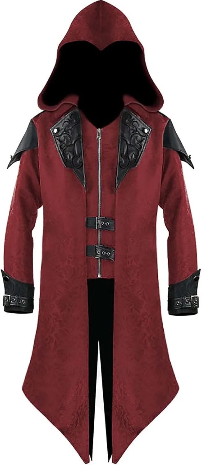 Men's Medieval Tailcoat Steampunk Vintage Spliced Hooded Trench Zipper Coat Gothic Dark Halloween Wizard Costumes