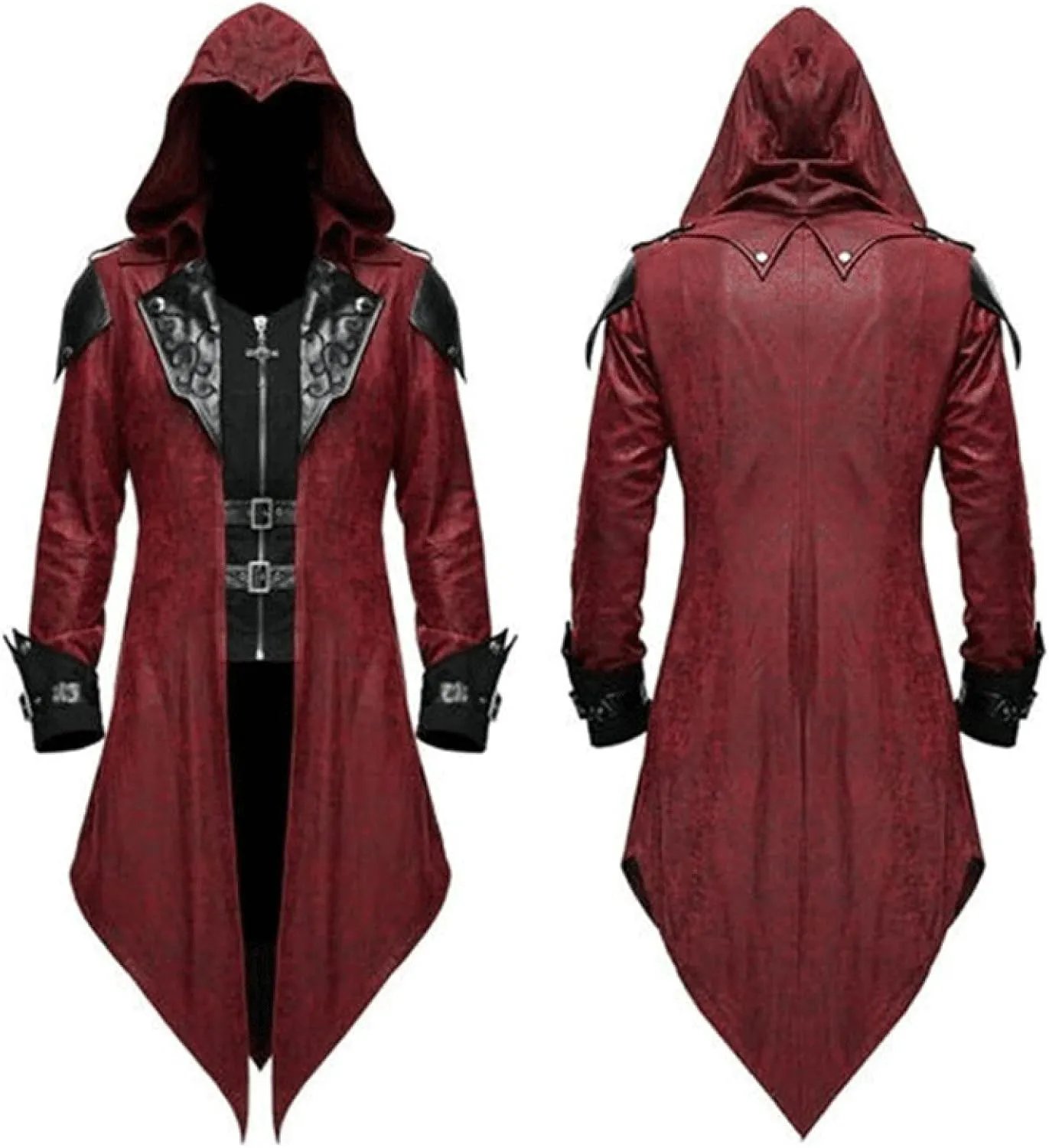 Men's Medieval Tailcoat Steampunk Vintage Spliced Hooded Trench Zipper Coat Gothic Dark Halloween Wizard Costumes