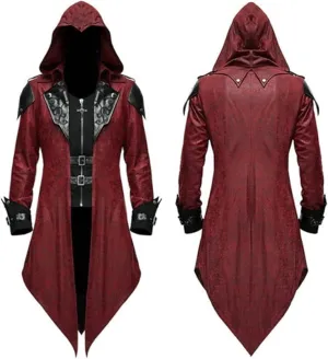 Men's Medieval Tailcoat Steampunk Vintage Spliced Hooded Trench Zipper Coat Gothic Dark Halloween Wizard Costumes