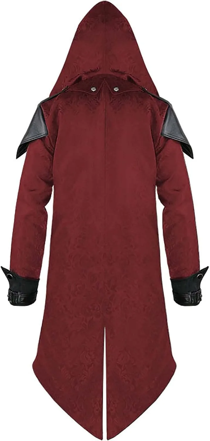 Men's Medieval Tailcoat Steampunk Vintage Spliced Hooded Trench Zipper Coat Gothic Dark Halloween Wizard Costumes
