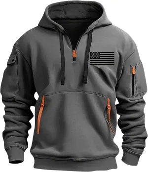 Men's Patriotic Hoodies USA Flag Print Graphic Quarter-Zip Pullover Tops Vintage Tactical Jacket Workout Hoodie