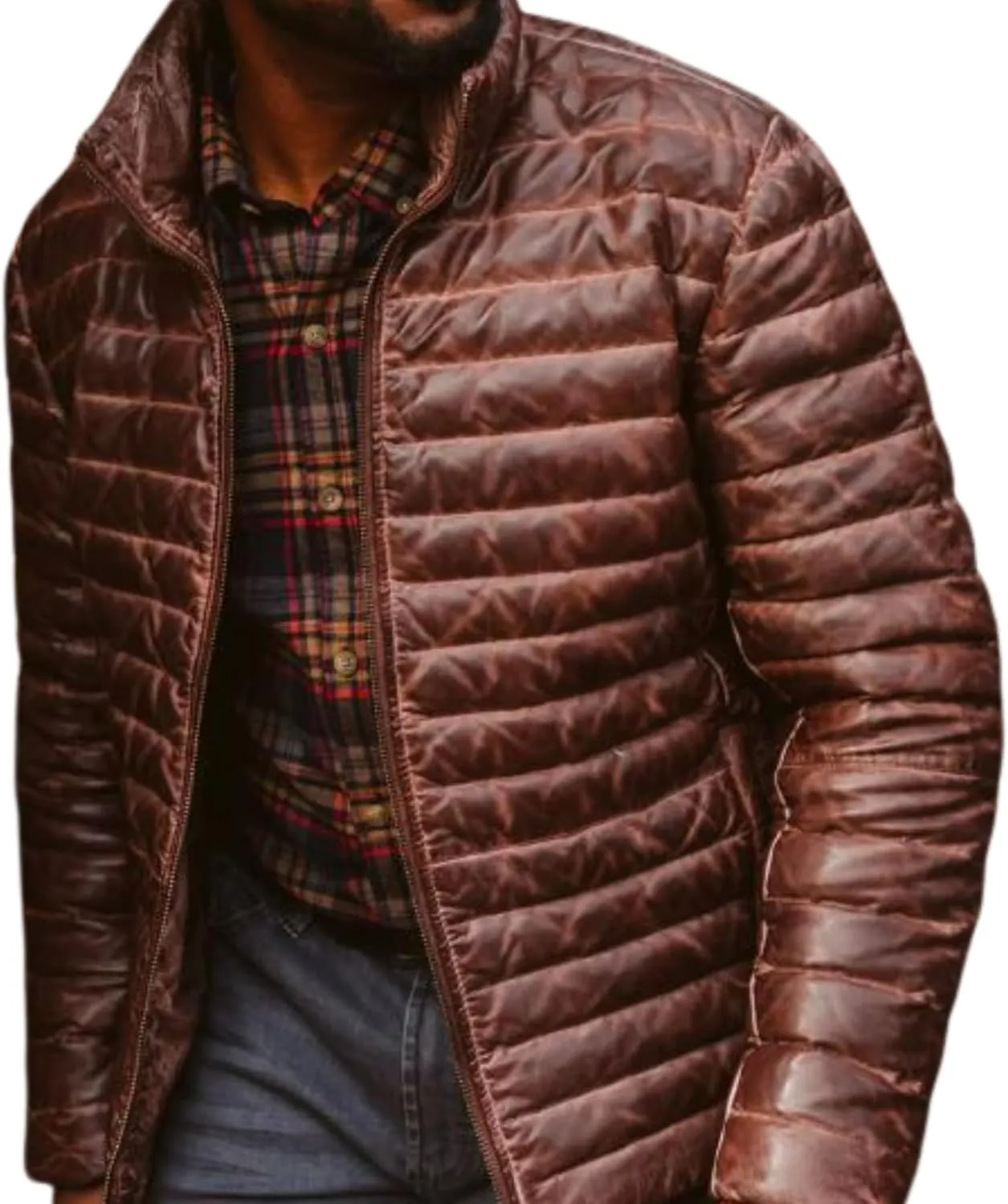 Mens Puffer Jacket Real Lambskin Leather Down Jacket Lightweight Zip Up Winter Mens Puffer Coat