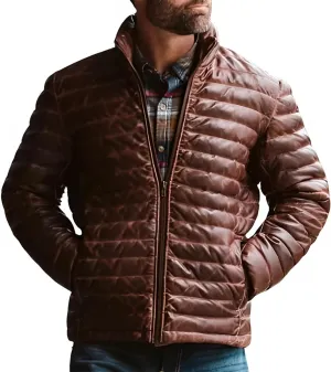 Mens Puffer Jacket Real Lambskin Leather Down Jacket Lightweight Zip Up Winter Mens Puffer Coat