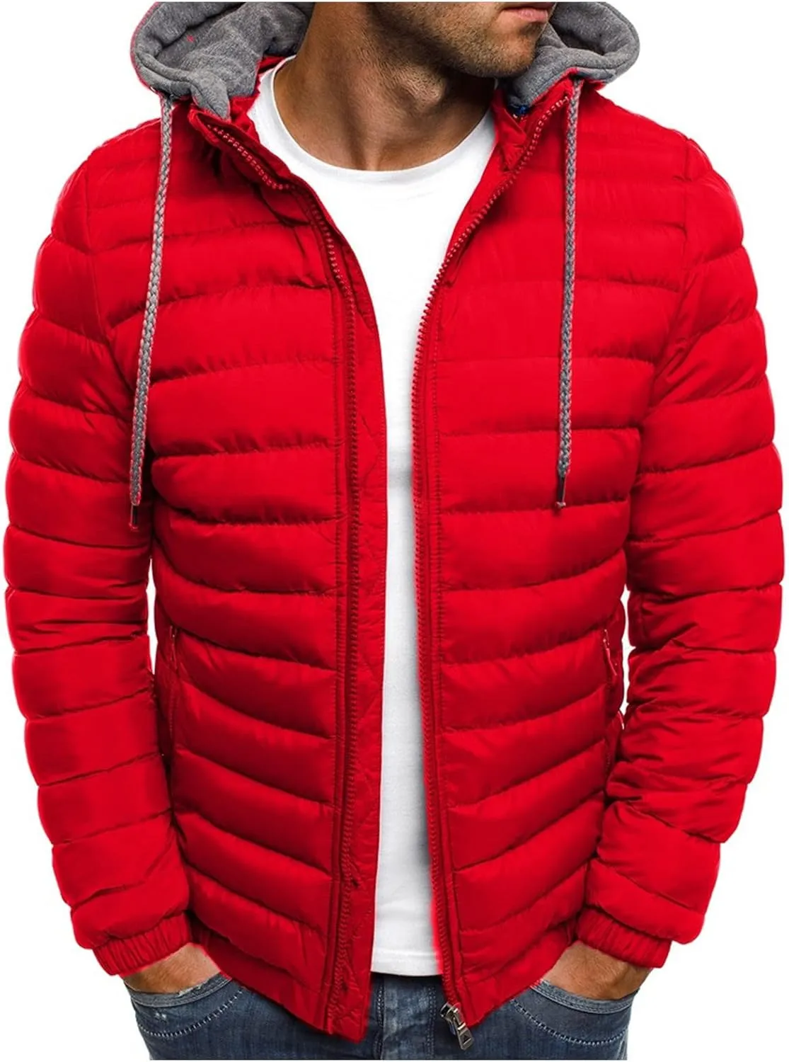 Mens Puffer Jacket Winter Warm Hooded Quilted Down Jacket Outerwear Lightweight Zip Up Insulated Padded Coat