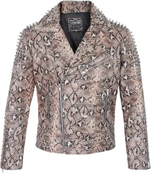 Men's Spiked Biker Jacket in Multicolor Cowhide Leather with Punk Rock Vibes
