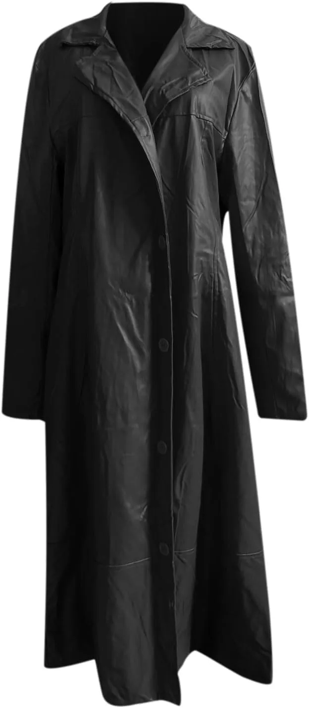 Mens Trench Coat Retro Full Length Classic Faux Leather Long Coats Steampunk WW2 Military Officer Uniform Overcoat