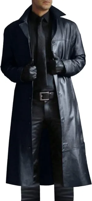 Mens Trench Coat Retro Full Length Classic Faux Leather Long Coats Steampunk WW2 Military Officer Uniform Overcoat
