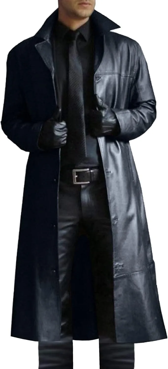 Mens Trench Coat Retro Full Length Classic Faux Leather Long Coats Steampunk WW2 Military Officer Uniform Overcoat