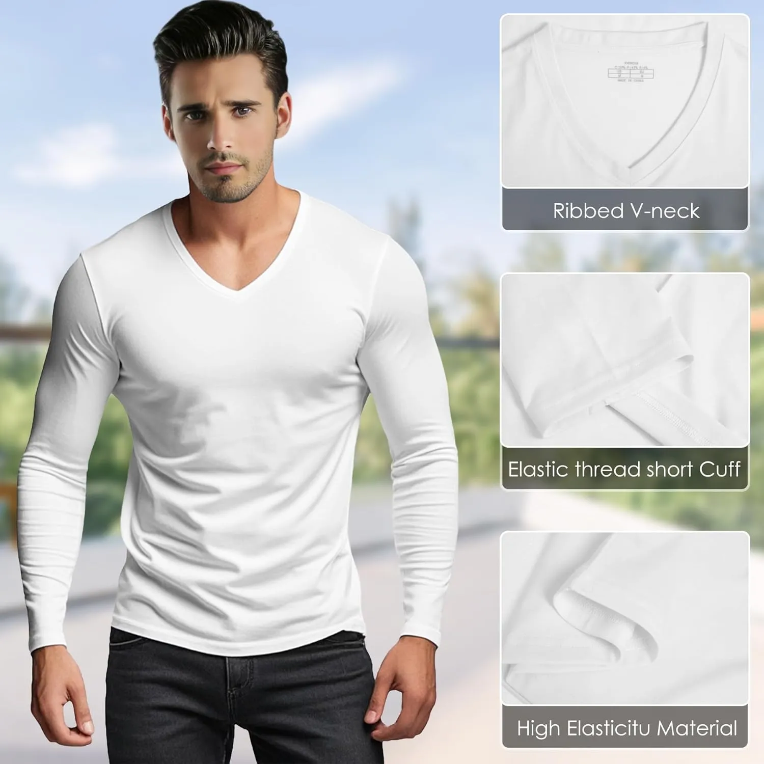 Men's V-Neck T-Shirt Long Sleeve - Cotton Blend Tee Undershirt, Soft Pajamas Top,Casual V-Neck T-Shirts for 2025