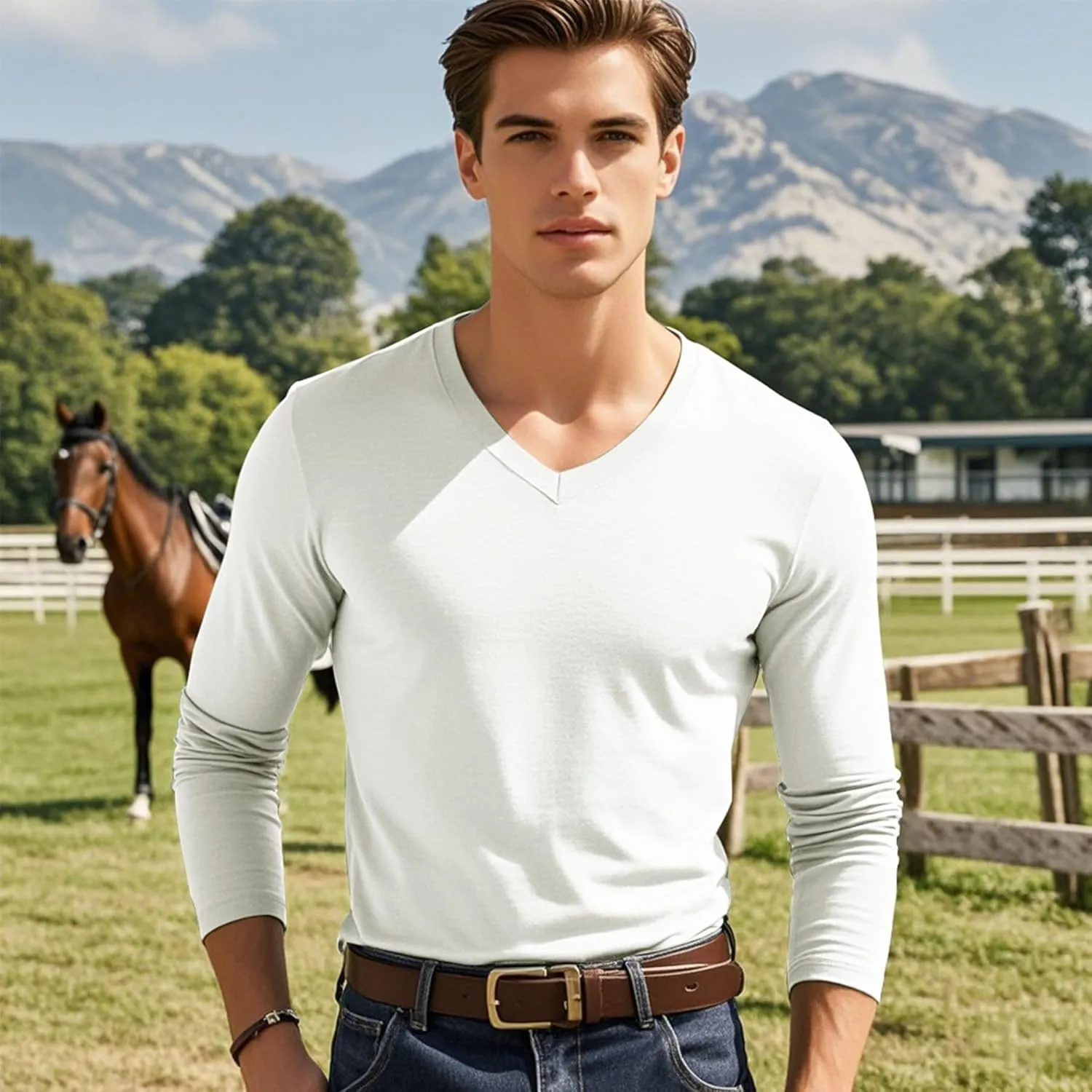 Men's V-Neck T-Shirt Long Sleeve - Cotton Blend Tee Undershirt, Soft Pajamas Top,Casual V-Neck T-Shirts for 2025