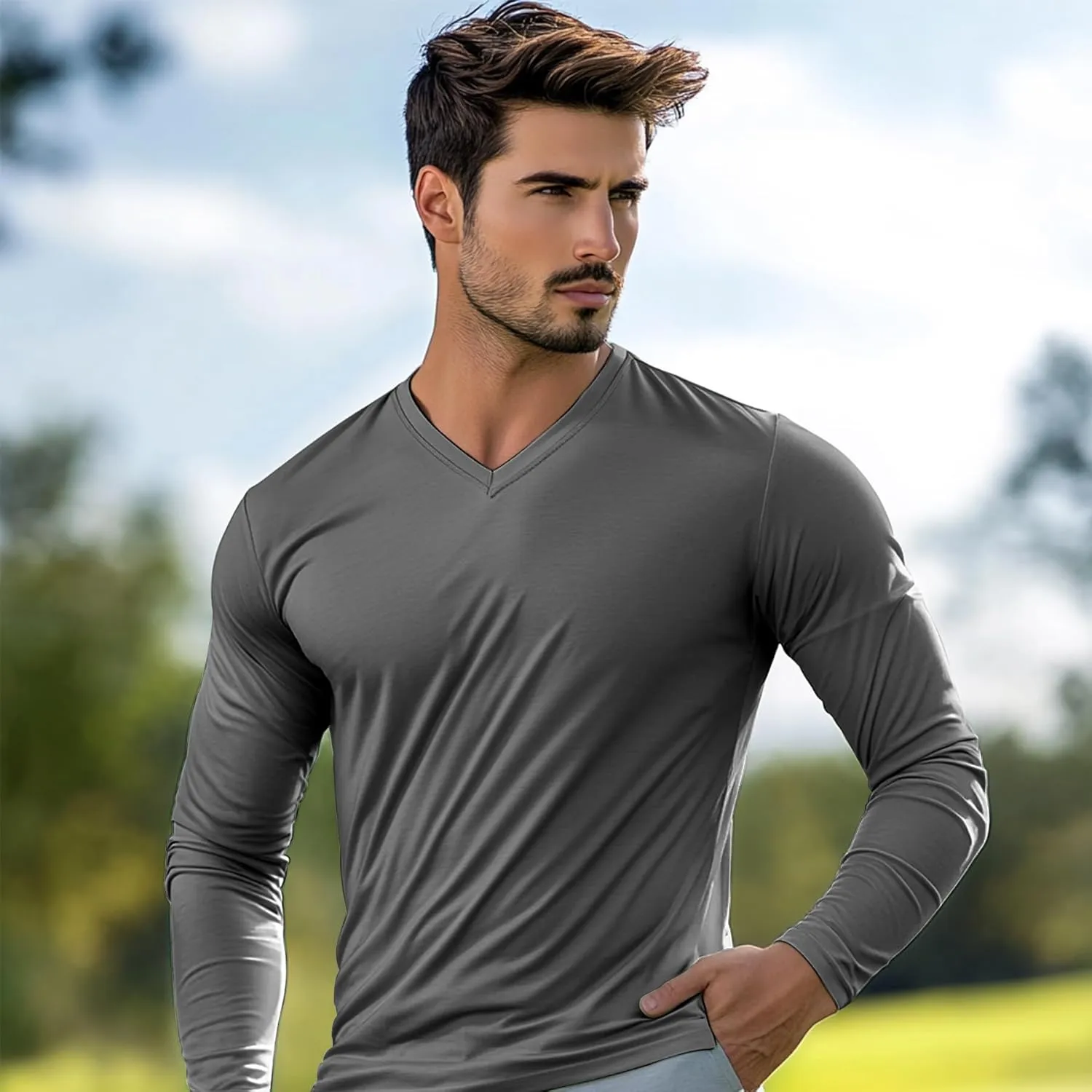 Men's V-Neck T-Shirt Long Sleeve - Cotton Blend Tee Undershirt, Soft Pajamas Top,Casual V-Neck T-Shirts for 2025
