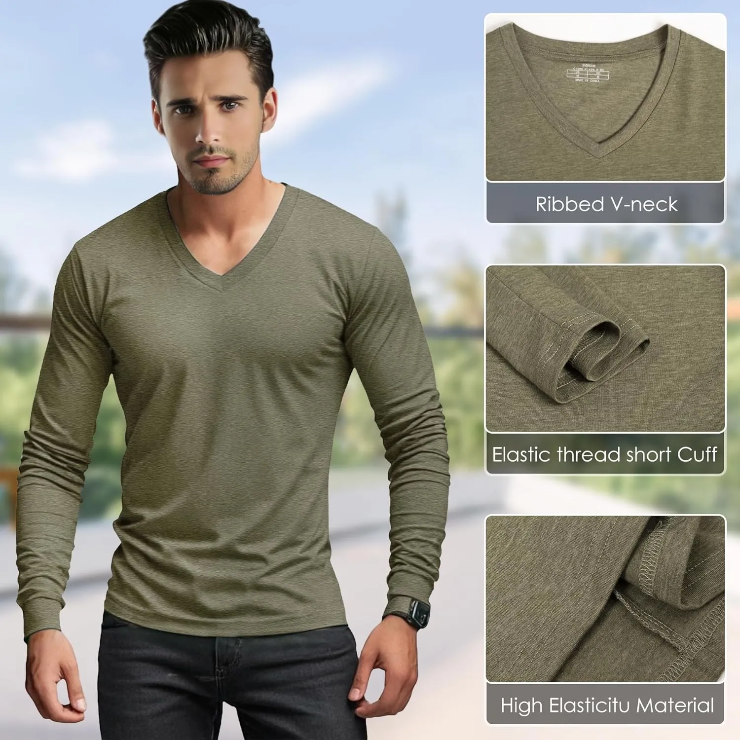 Men's V-Neck T-Shirt Long Sleeve - Cotton Blend Tee Undershirt, Soft Pajamas Top,Casual V-Neck T-Shirts for 2025