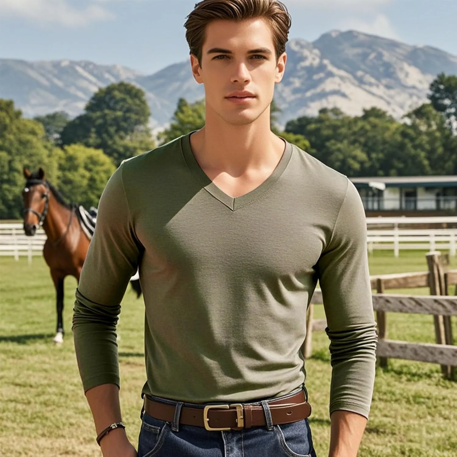 Men's V-Neck T-Shirt Long Sleeve - Cotton Blend Tee Undershirt, Soft Pajamas Top,Casual V-Neck T-Shirts for 2025