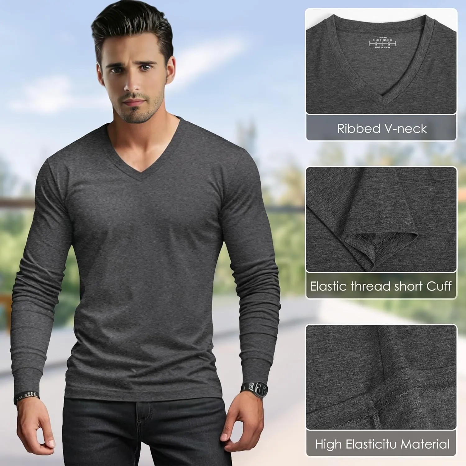 Men's V-Neck T-Shirt Long Sleeve - Cotton Blend Tee Undershirt, Soft Pajamas Top,Casual V-Neck T-Shirts for 2025