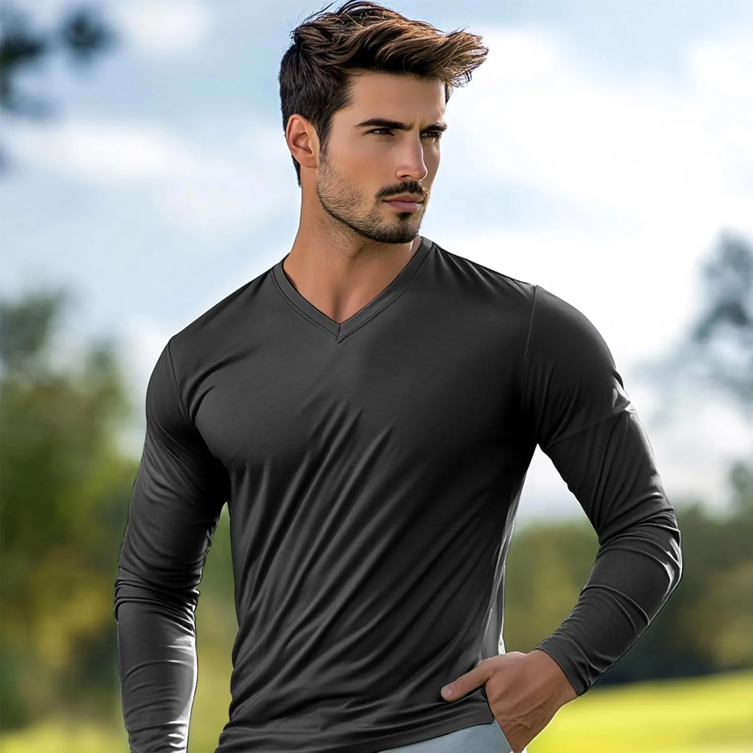 Men's V-Neck T-Shirt Long Sleeve - Cotton Blend Tee Undershirt, Soft Pajamas Top,Casual V-Neck T-Shirts for 2025