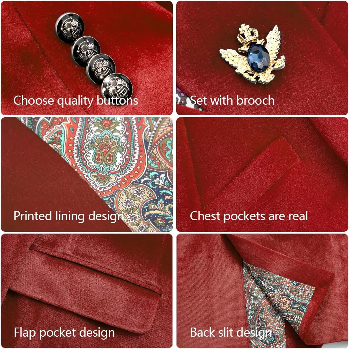 Men's Velvet Blazer for Casual Men's Blazer one-Button Lapel Tuxedo with Brooch Dinner Party Wedding Prom Party