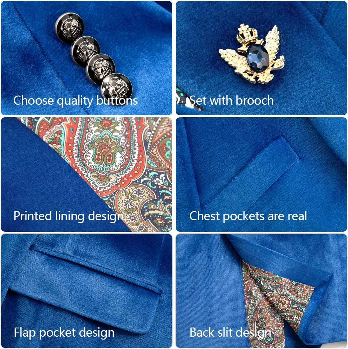 Men's Velvet Blazer for Casual Men's Blazer one-Button Lapel Tuxedo with Brooch Dinner Party Wedding Prom Party