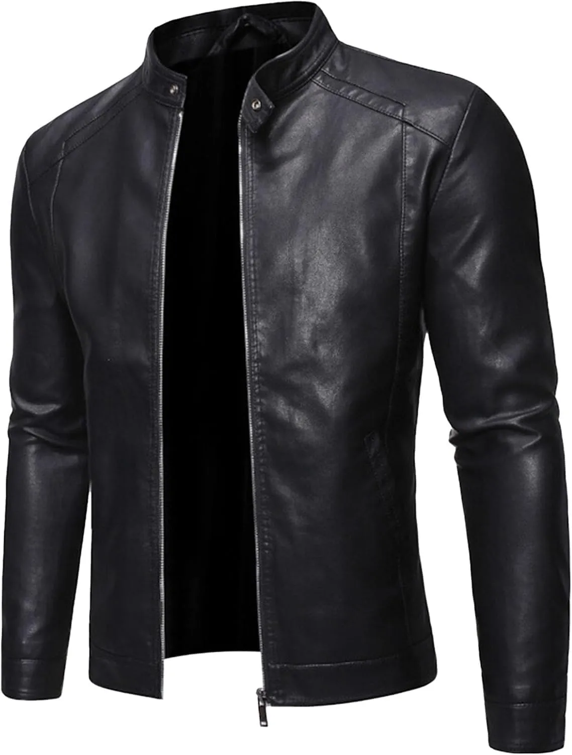 Men's Vintage Casual Leather Jackets Stand Collar Faux Leather Jacket Coat Lightweight Slim Fit Bomber Jacket