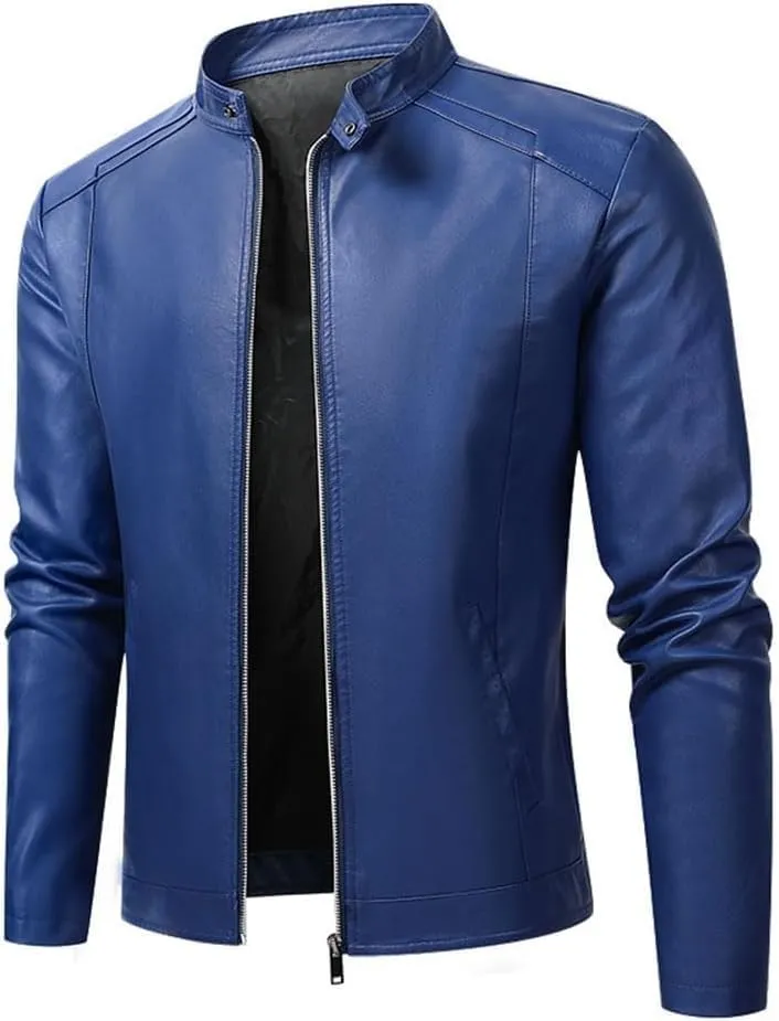 Men's Vintage Casual Leather Jackets Stand Collar Faux Leather Jacket Coat Lightweight Slim Fit Bomber Jacket