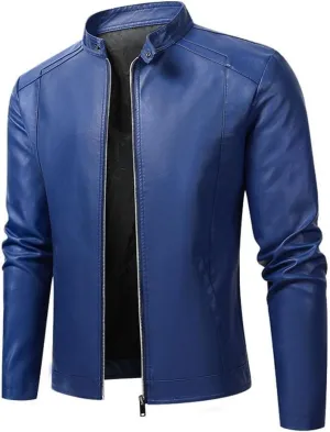 Men's Vintage Casual Leather Jackets Stand Collar Faux Leather Jacket Coat Lightweight Slim Fit Bomber Jacket