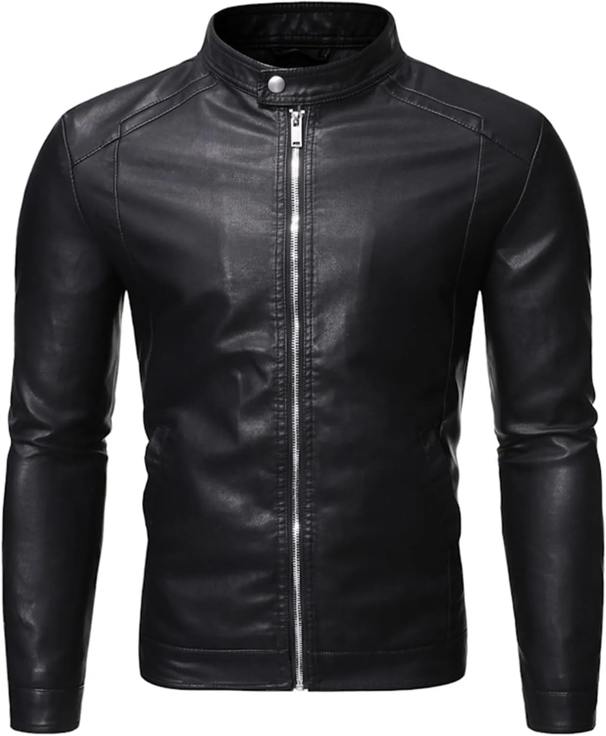 Men's Vintage Casual Leather Jackets Stand Collar Faux Leather Jacket Coat Lightweight Slim Fit Bomber Jacket