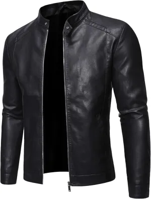 Men's Vintage Casual Leather Jackets Stand Collar Faux Leather Jacket Coat Lightweight Slim Fit Bomber Jacket