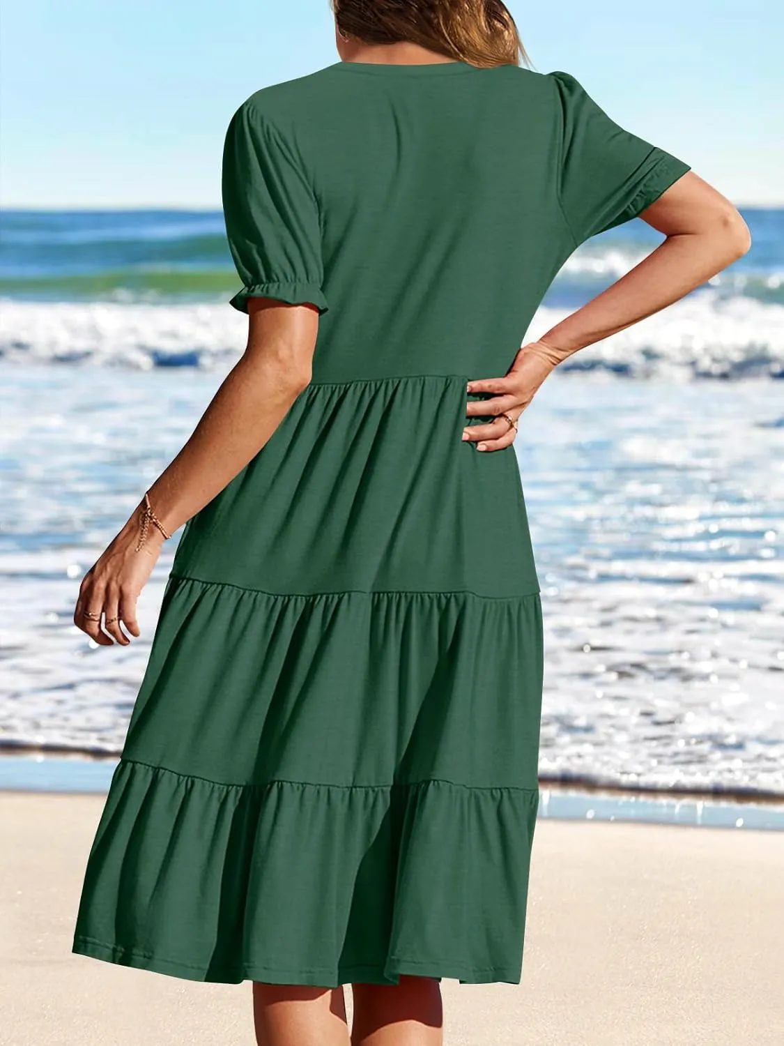 MEROKEETY Women's 2025 Summer Casual Short Puff Sleeve Midi Dress V Neck Flowy Tiered Swing A Line Beach Vacation Sundresses