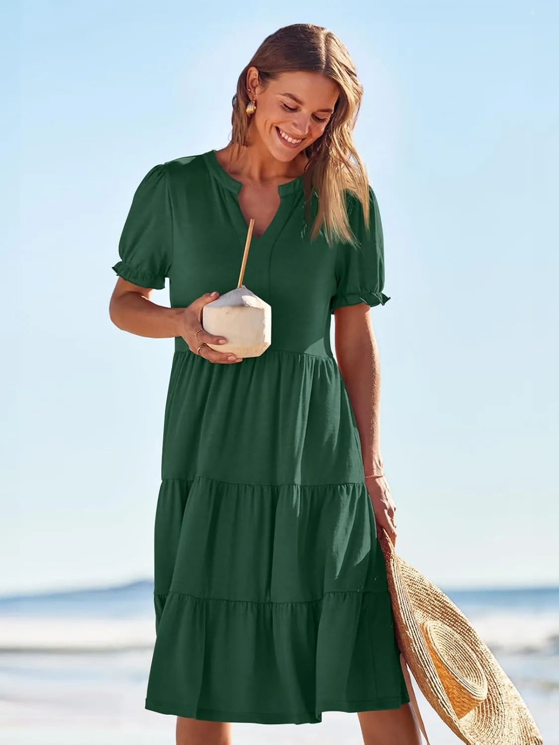 MEROKEETY Women's 2025 Summer Casual Short Puff Sleeve Midi Dress V Neck Flowy Tiered Swing A Line Beach Vacation Sundresses