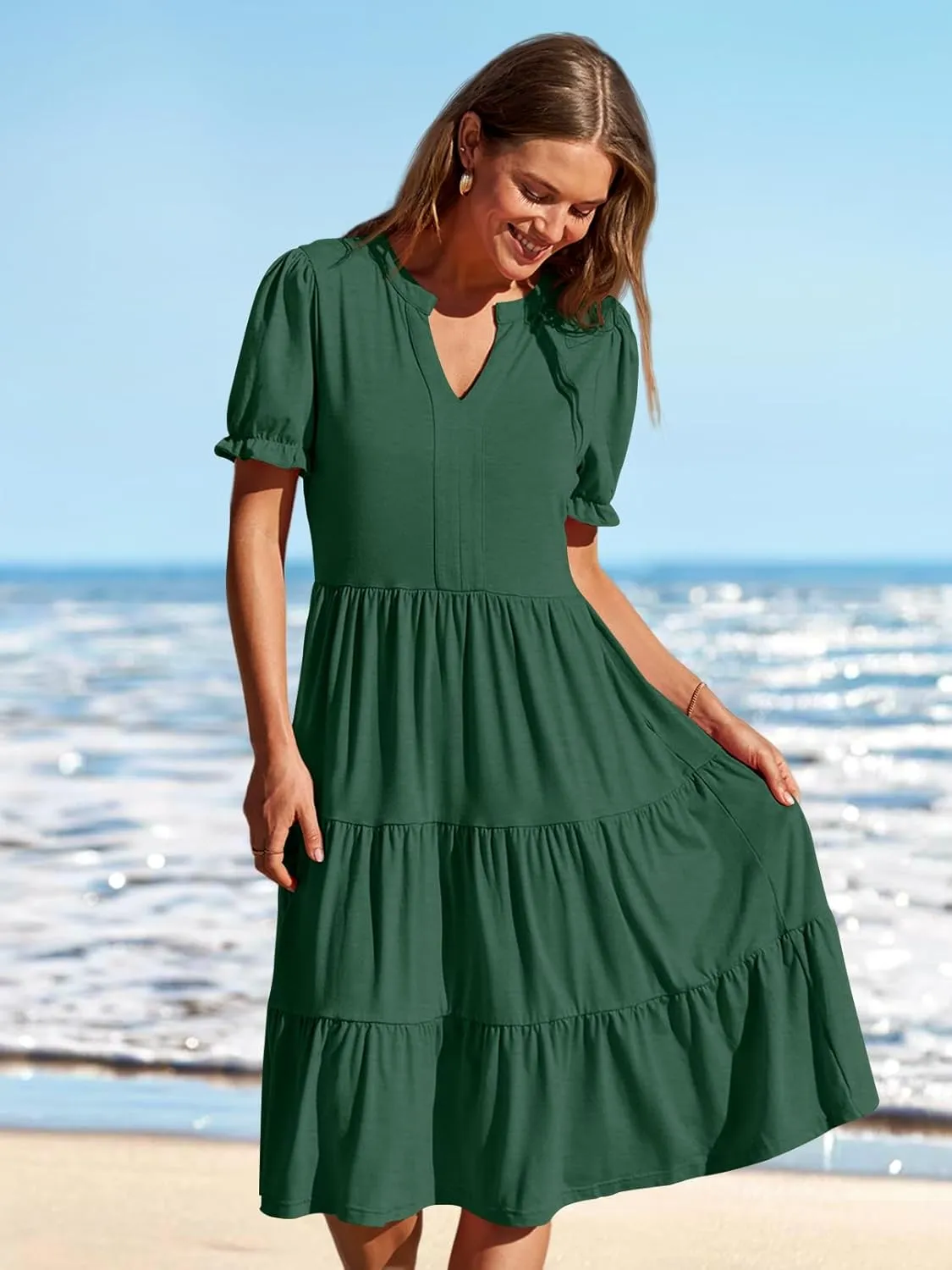MEROKEETY Women's 2025 Summer Casual Short Puff Sleeve Midi Dress V Neck Flowy Tiered Swing A Line Beach Vacation Sundresses
