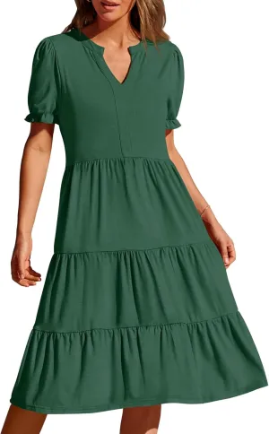 MEROKEETY Women's 2025 Summer Casual Short Puff Sleeve Midi Dress V Neck Flowy Tiered Swing A Line Beach Vacation Sundresses