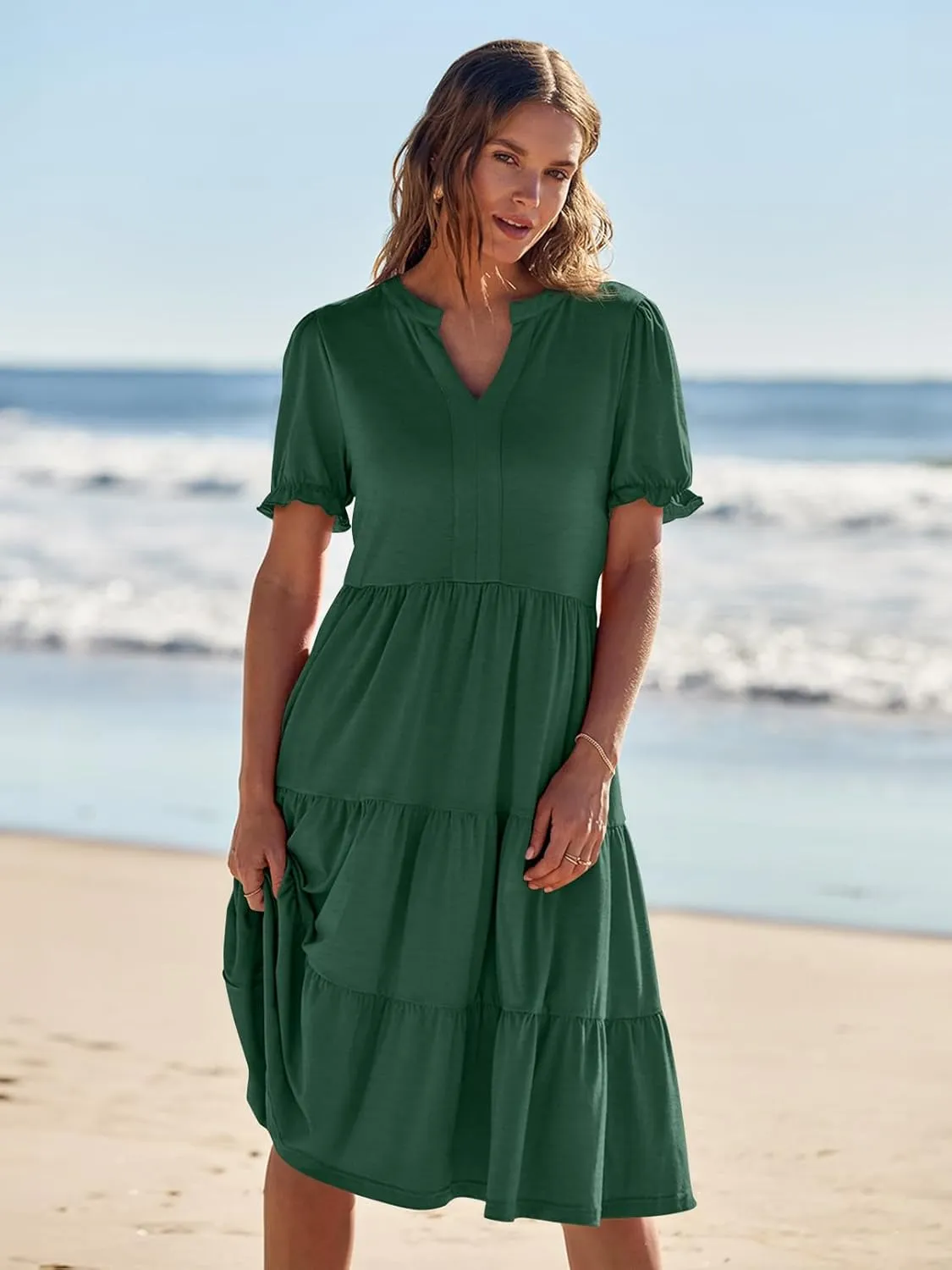 MEROKEETY Women's 2025 Summer Casual Short Puff Sleeve Midi Dress V Neck Flowy Tiered Swing A Line Beach Vacation Sundresses