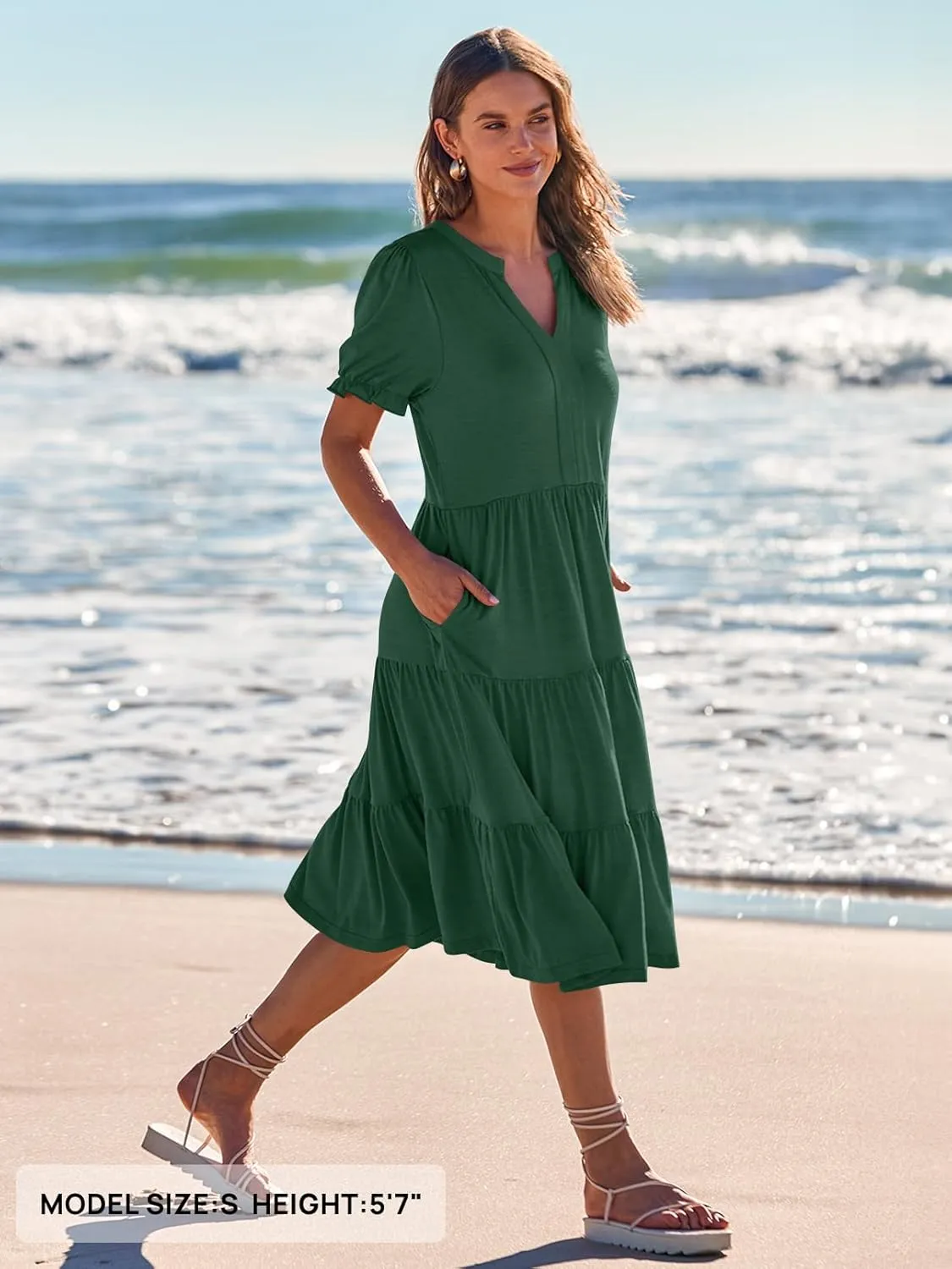 MEROKEETY Women's 2025 Summer Casual Short Puff Sleeve Midi Dress V Neck Flowy Tiered Swing A Line Beach Vacation Sundresses