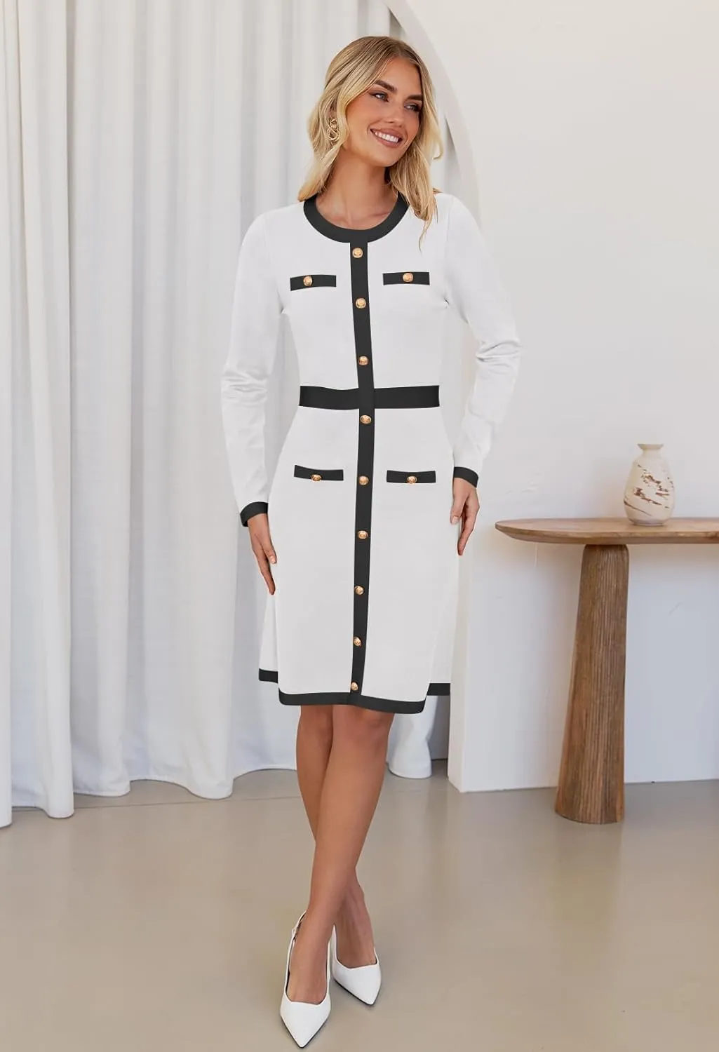 MEROKEETY Women's Long Sleeve Bodycon Sweater Dress Crewneck Color Block Button Knit Formal Midi Dresses