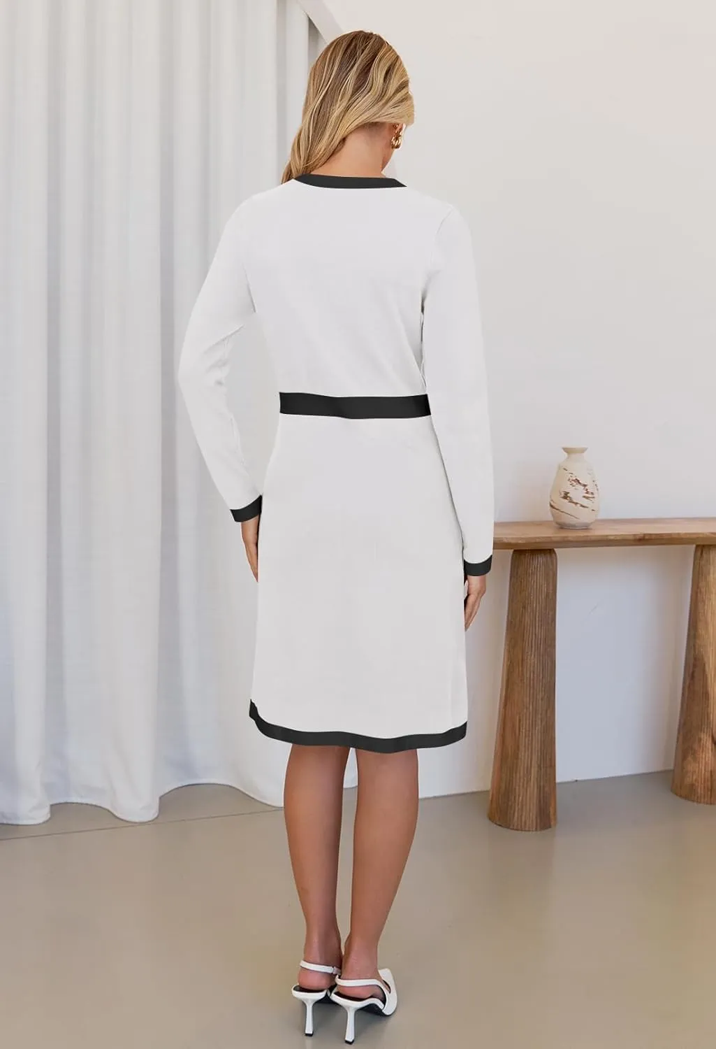 MEROKEETY Women's Long Sleeve Bodycon Sweater Dress Crewneck Color Block Button Knit Formal Midi Dresses