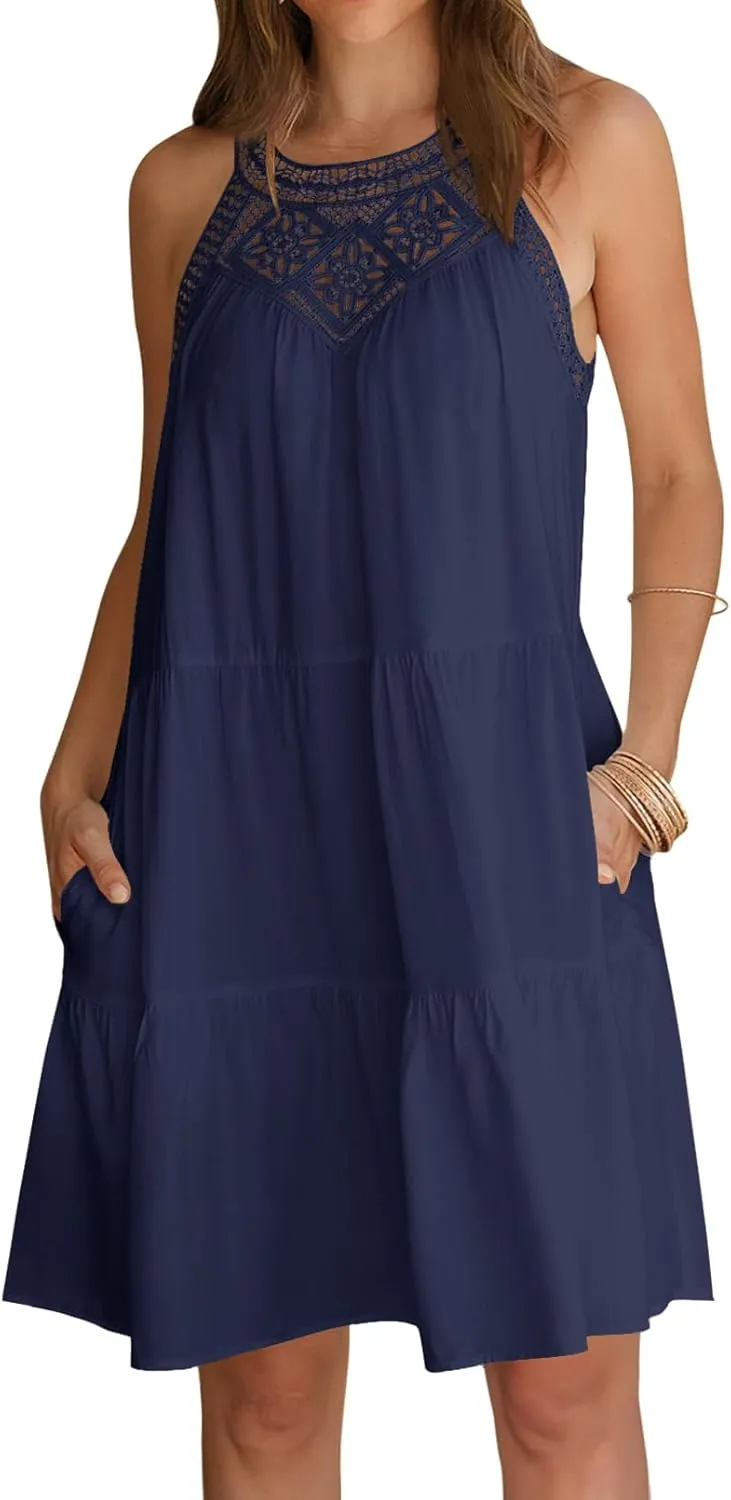 MEROKEETY Women's Summer Spring Casual Halter Sundress 2025 Beach Vacation Flowy A Line Tiered Swing Mini Dresses