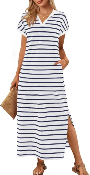 MEROKEETY Women's Summer Striped Short Sleeve Dress V Neck Collared Side Slit Casual Beach Maxi Dresses