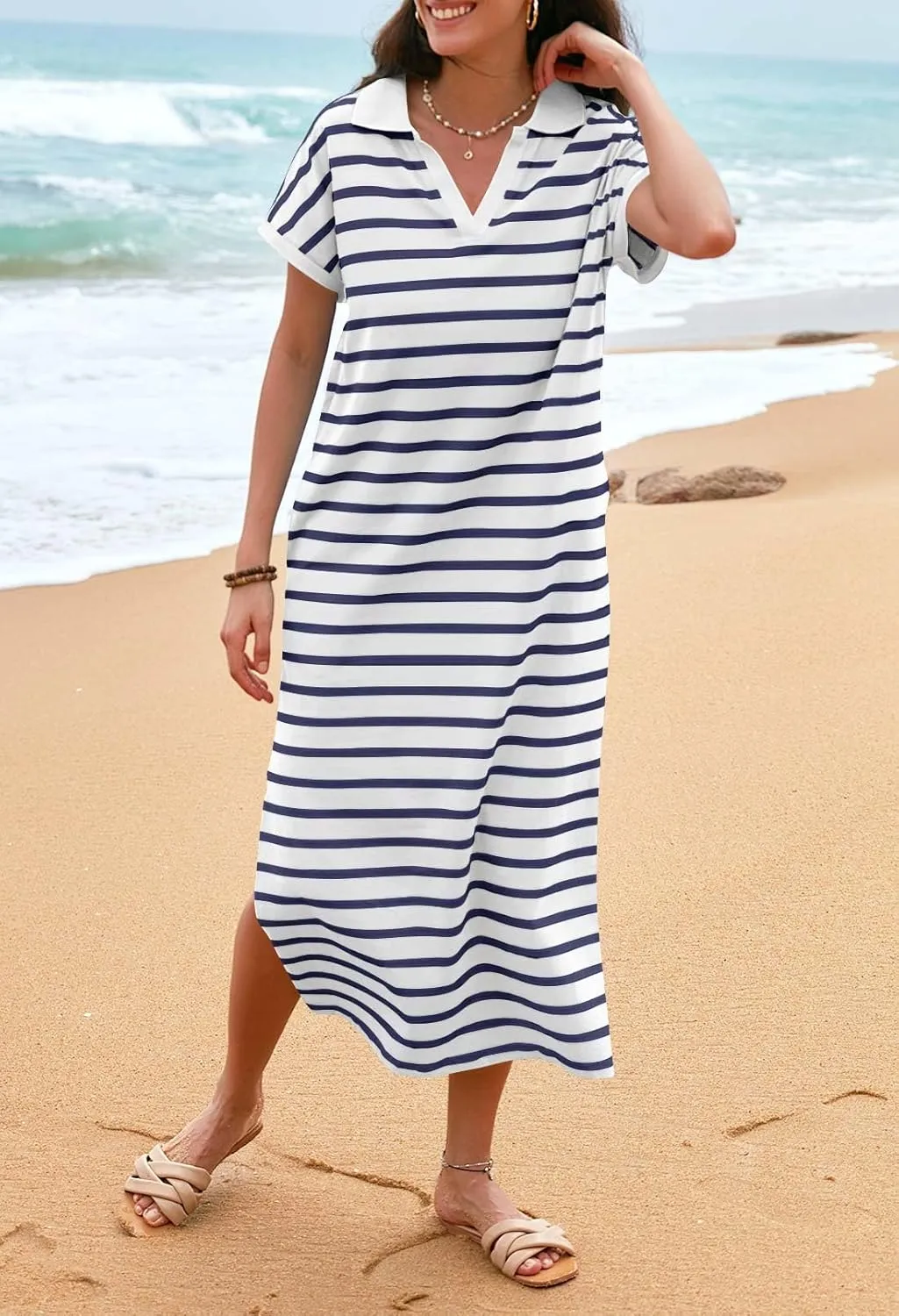 MEROKEETY Women's Summer Striped Short Sleeve Dress V Neck Collared Side Slit Casual Beach Maxi Dresses
