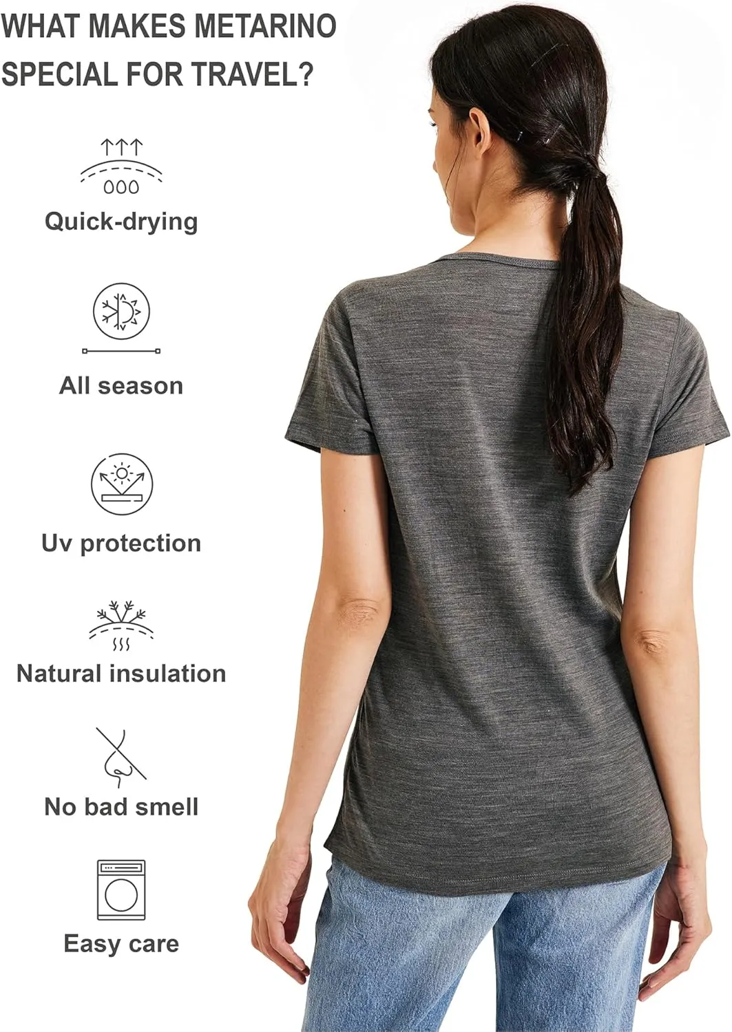 METARINO Merino Wool T-Shirt Women Short Sleeve Lightweight Crew Neck Base Layer Tee Shirt for Hiking,Sport