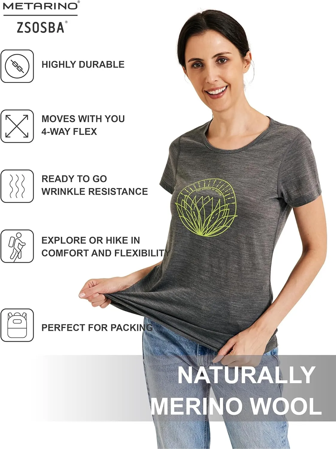 METARINO Merino Wool T-Shirt Women Short Sleeve Lightweight Crew Neck Base Layer Tee Shirt for Hiking,Sport