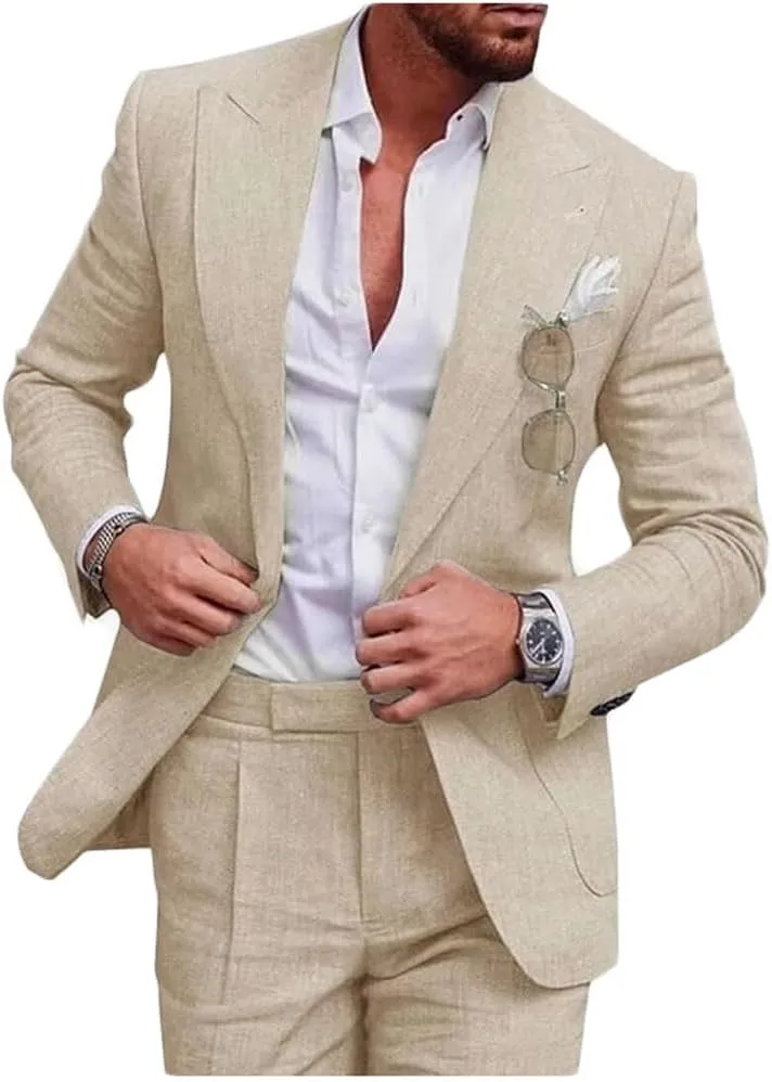 Mi Bo Tong Mens Linen Suits 2 PC Summer Beach Wedding Tuxedos Single Breasted Prom Suit Jacket Pants Set