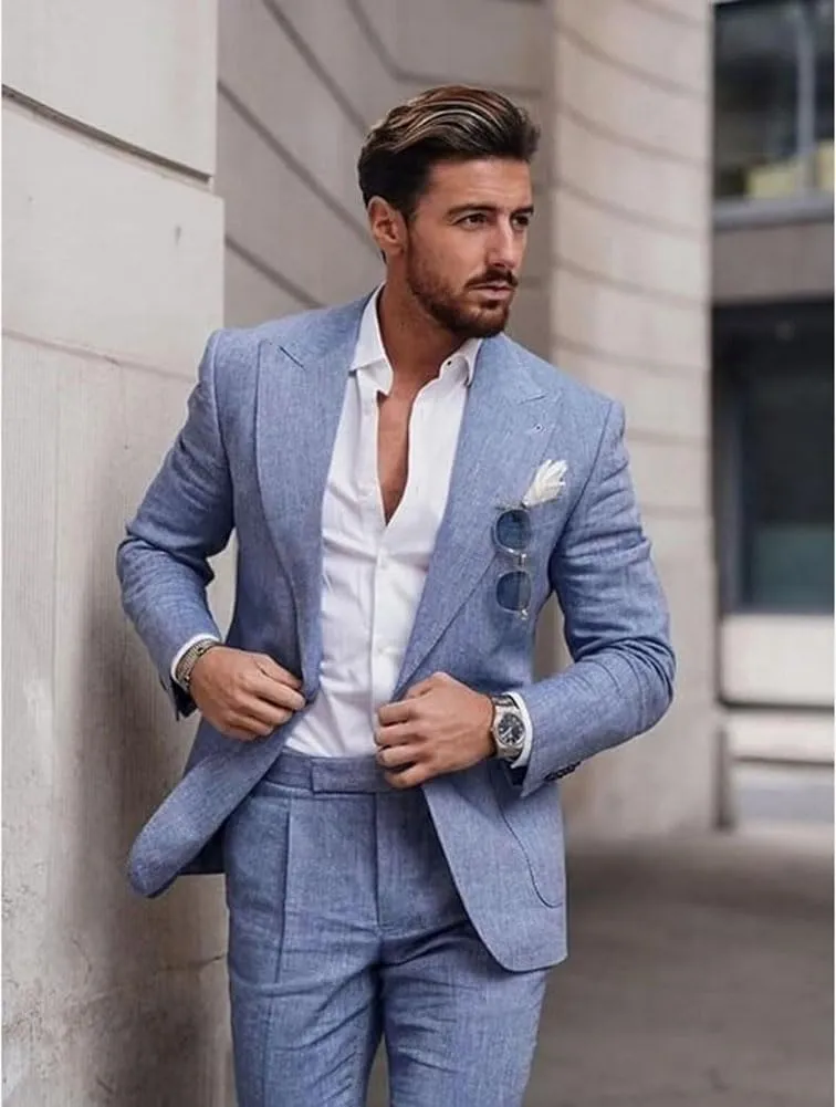 Mi Bo Tong Mens Linen Suits 2 PC Summer Beach Wedding Tuxedos Single Breasted Prom Suit Jacket Pants Set