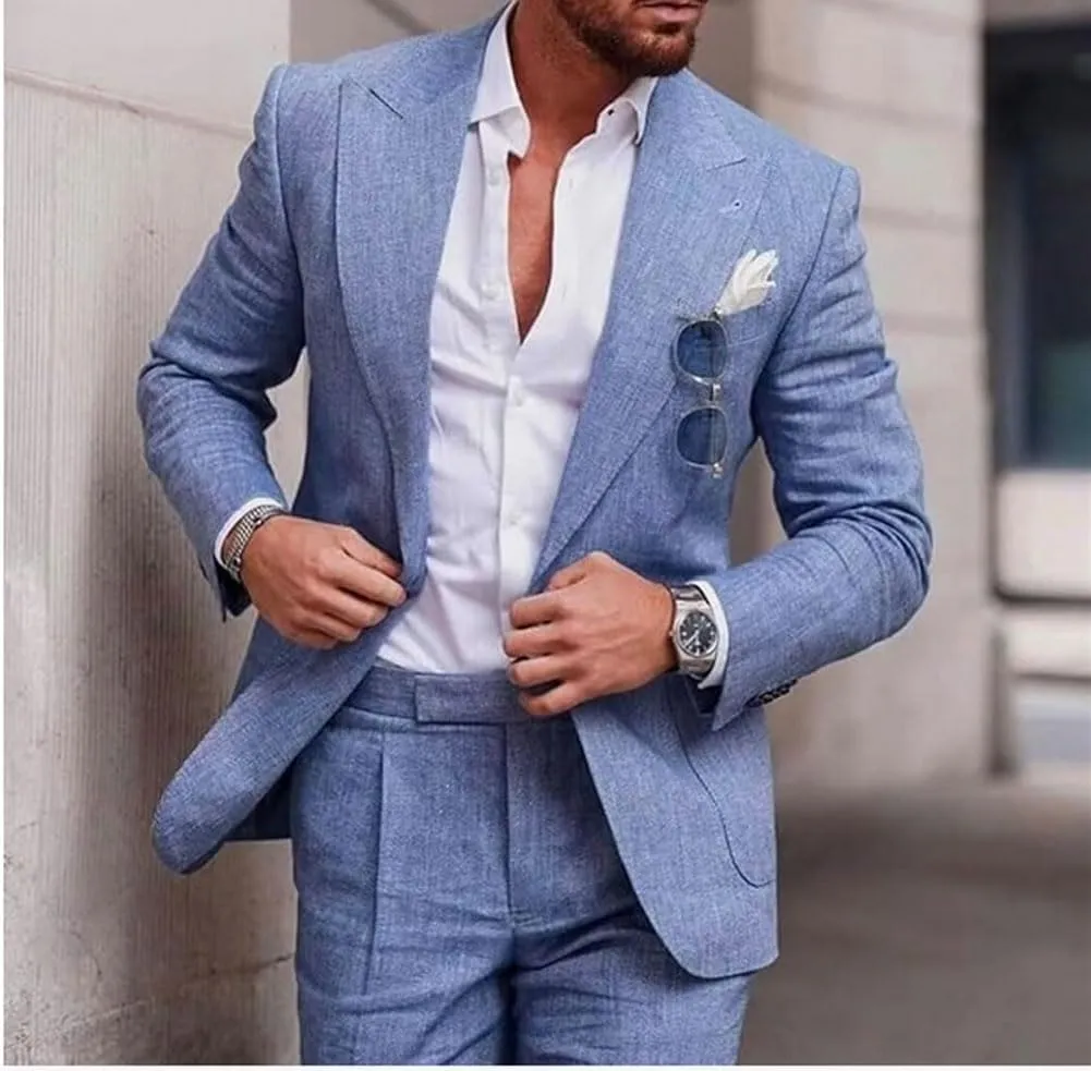Mi Bo Tong Mens Linen Suits 2 PC Summer Beach Wedding Tuxedos Single Breasted Prom Suit Jacket Pants Set