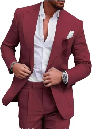 Mi Bo Tong Mens Linen Suits 2 PC Summer Beach Wedding Tuxedos Single Breasted Prom Suit Jacket Pants Set