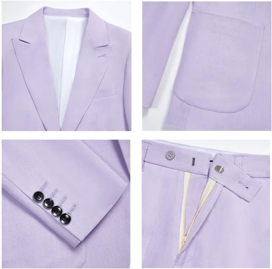 Mi Bo Tong Mens Linen Suits 2 PC Summer Beach Wedding Tuxedos Single Breasted Prom Suit Jacket Pants Set