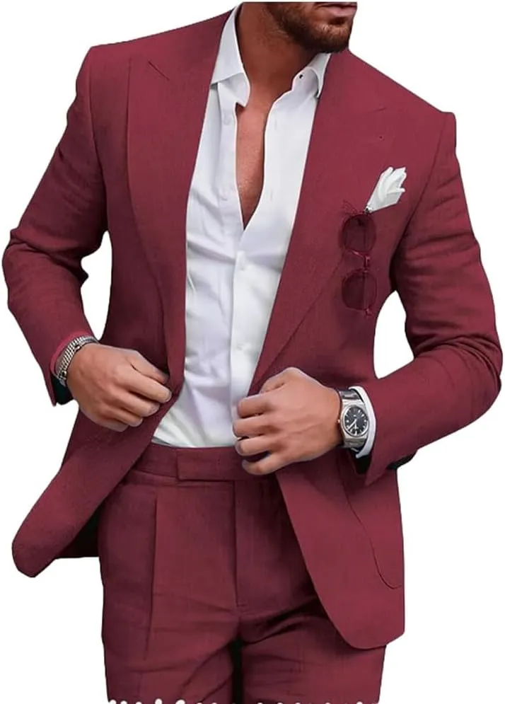 Mi Bo Tong Mens Linen Suits 2 PC Summer Beach Wedding Tuxedos Single Breasted Prom Suit Jacket Pants Set