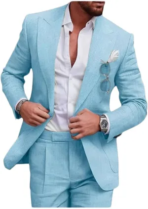 Mi Bo Tong Mens Linen Suits 2 PC Summer Beach Wedding Tuxedos Single Breasted Prom Suit Jacket Pants Set