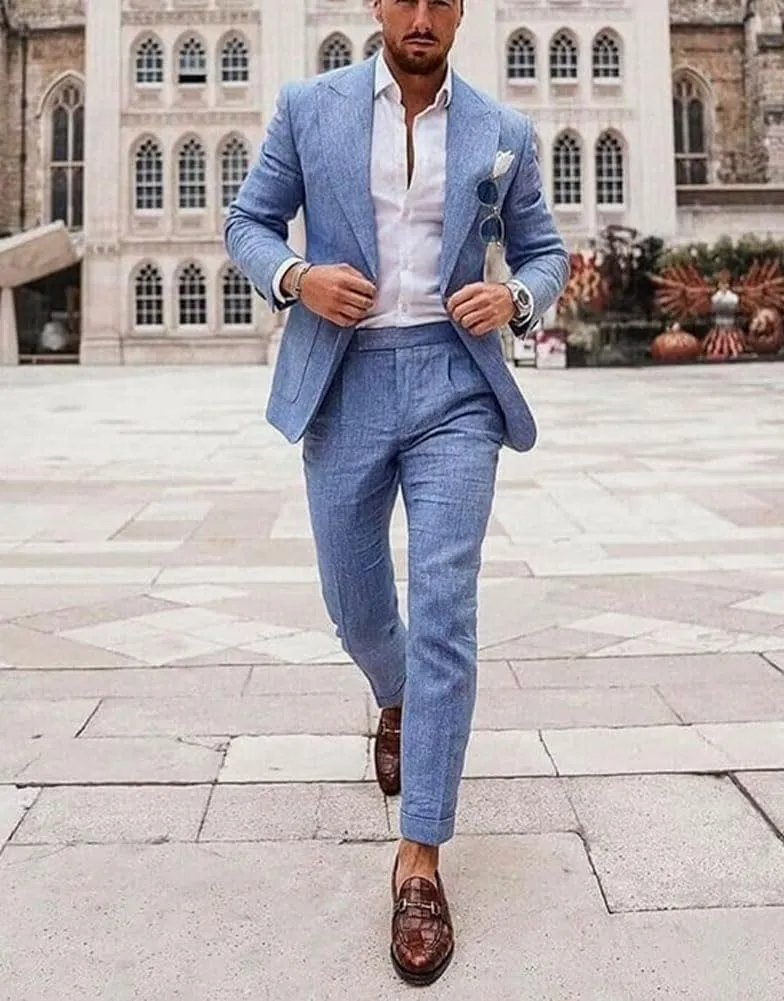 Mi Bo Tong Mens Linen Suits 2 PC Summer Beach Wedding Tuxedos Single Breasted Prom Suit Jacket Pants Set